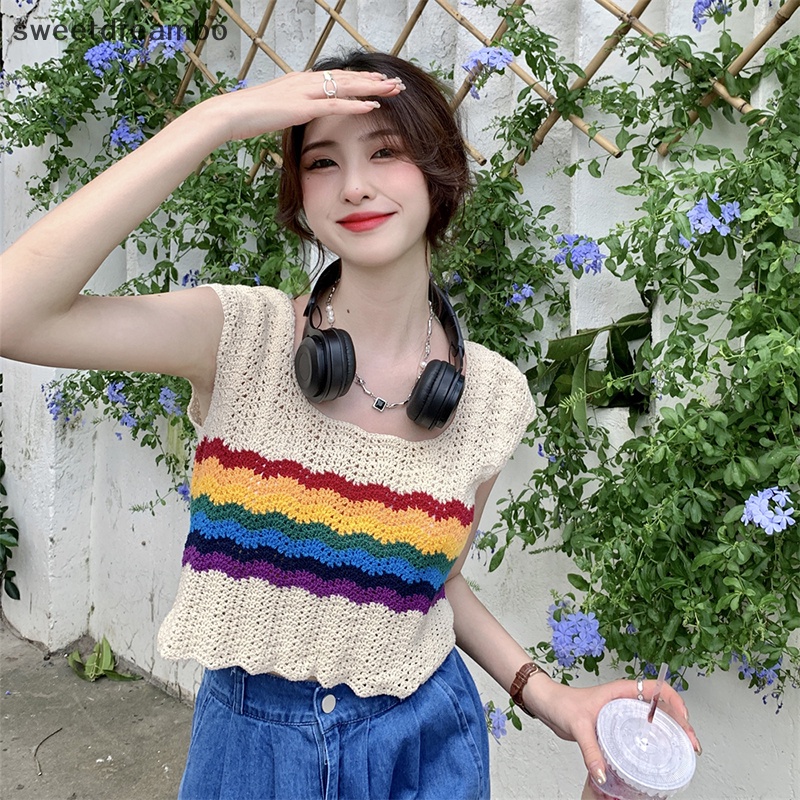 Áo ba lỗ khoét lỗ cổ điển mùa hè Áo hai dây dệt kim sọc màu không tay cho nữ