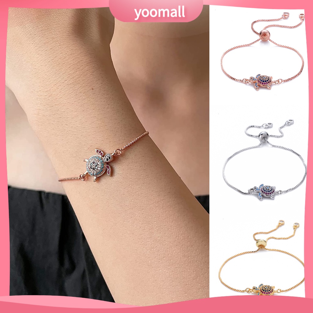[YM] Vòng Tay Rùa Biển Đính Đá Nhiều Màu Sắc Lấp Lánh Có Thể Điều Chỉnh Trang Sức Hình Học Cho Nữ