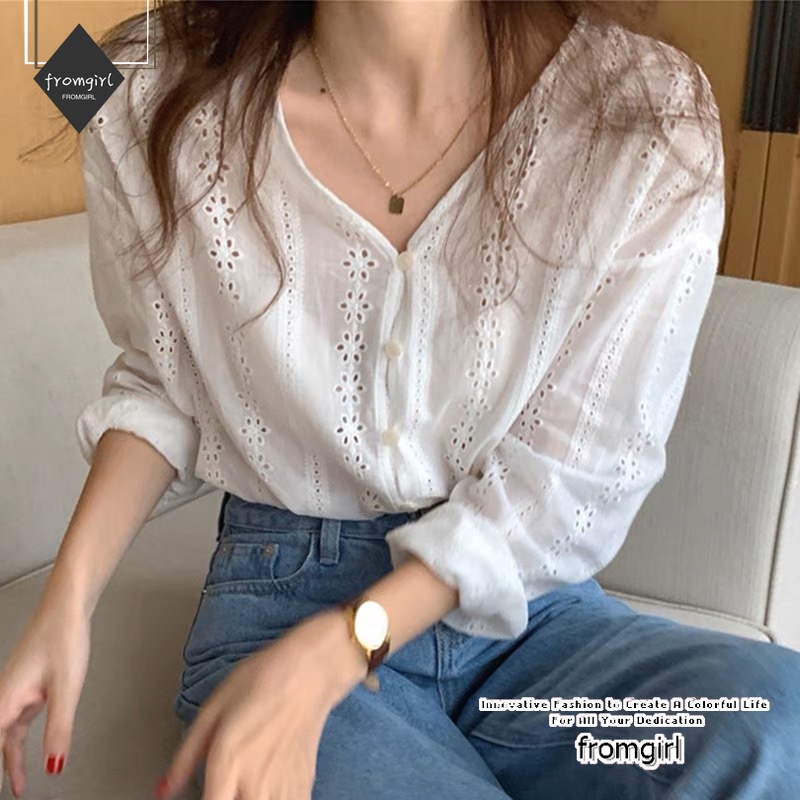 Áo Sơ Mi Tay Dài Cổ Chữ V Thêu Họa Tiết Phong Cách Hàn Quốc Thời Trang Cho Nữ
