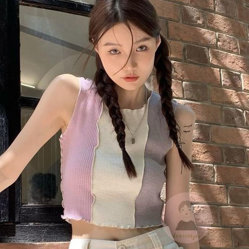 Áo Tank Top Không Tay Cổ Tròn Màu Sắc Tương Phản Thời Trang Cho Nữ