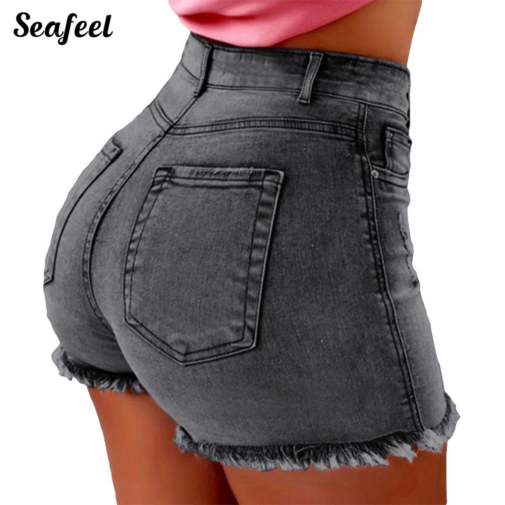 Quần Short Denim Lưng Cao Phối Vết Rách Cá Tính Cho Nữ