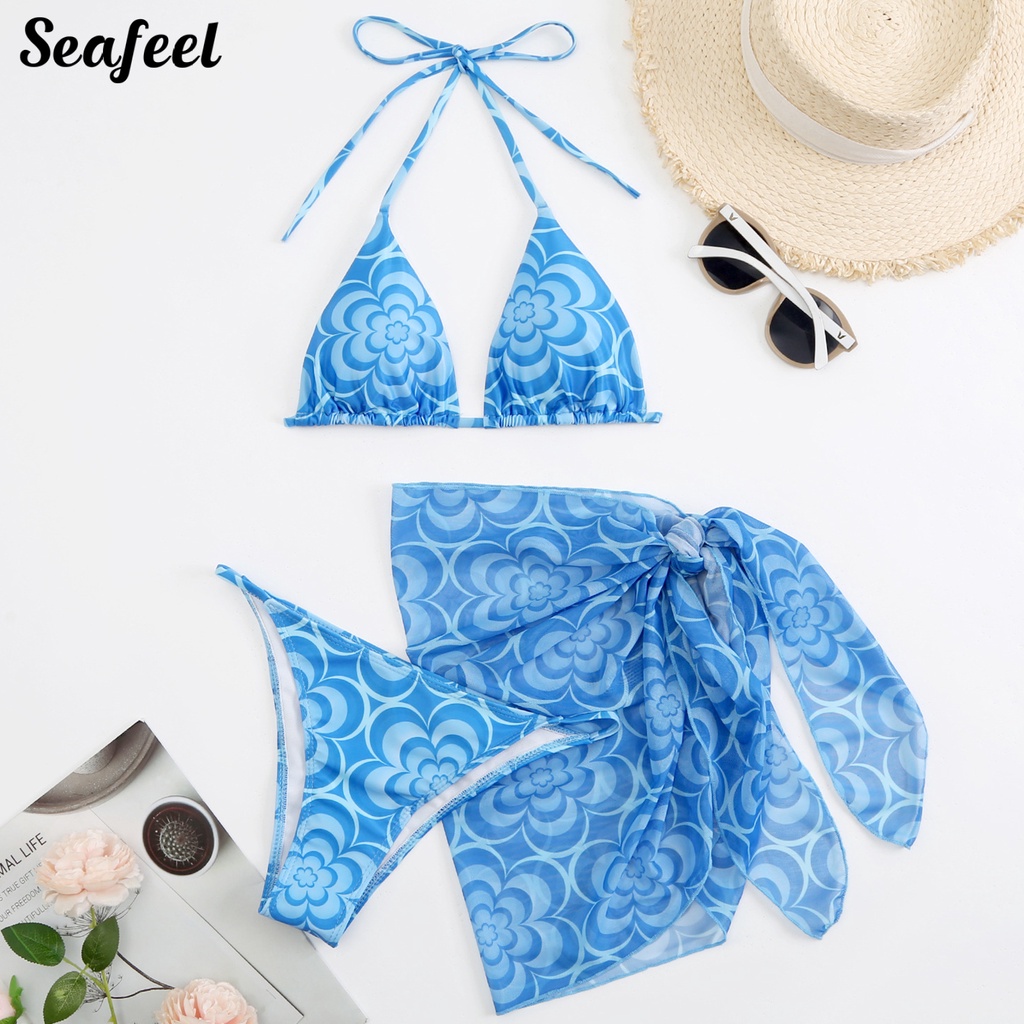 Bộ Đồ Bơi 3 Món Gồm Áo Hai Dây In Họa Tiết Gợn Sóng Và Chân Váy Cột Dây Màu Sắc Thời