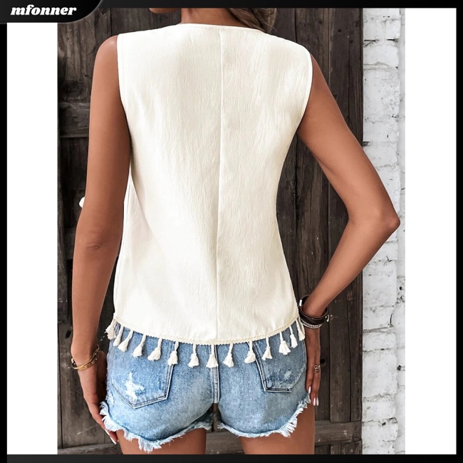 Áo Tank Top Sát Nách Cổ Chữ V Viền Tua Rua Thêu Họa Tiết Phong Cách Boho Quyến Rũ Cho Nữ