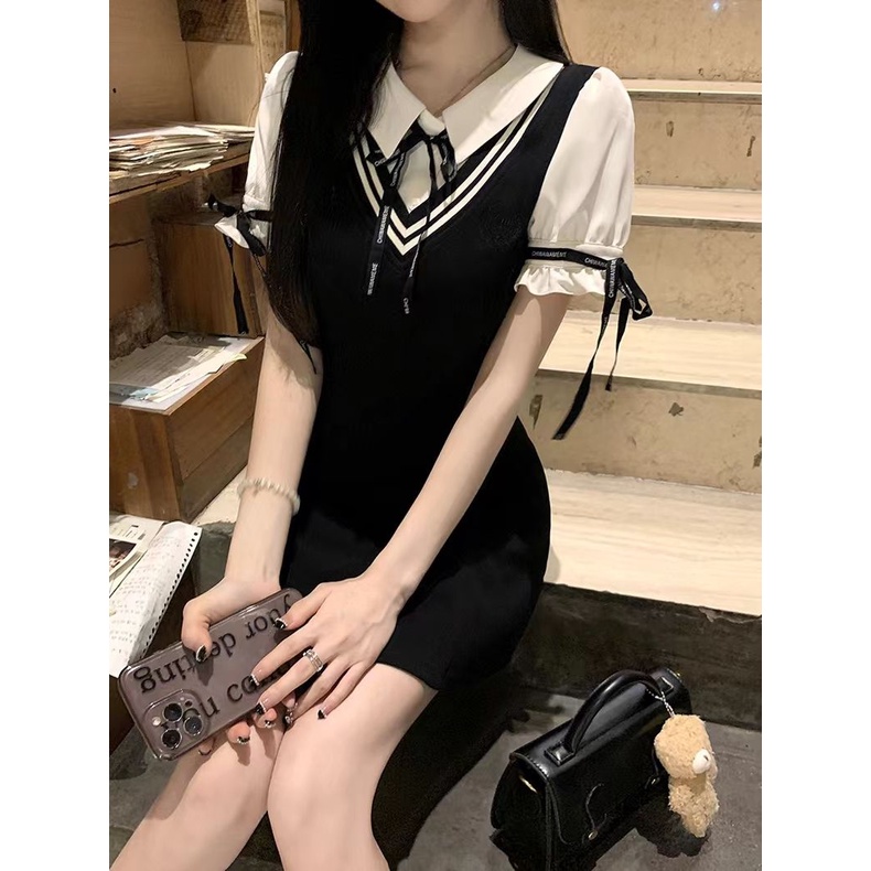 Bộ Đầm Giả Hai Mảnh Cổ polo Phong Cách Preppy Thời Trang Mùa Hè Dành Cho Nữ Sinh