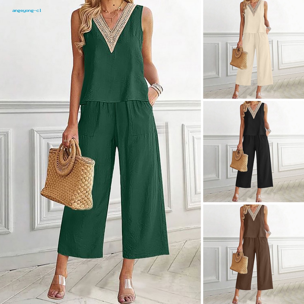 Bộ Áo Cổ Chữ V Không Tay Phối Ren + Quần Dài Thoải Mái Thời Trang Mùa Hè Cho Nữ