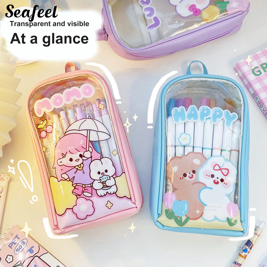 Túi Đựng Bút Chì Sức Chứa Lớn Trong Suốt In Họa Tiết Hoạt Hình Dễ Thương Có Khóa Kéo Cho Học Sinh