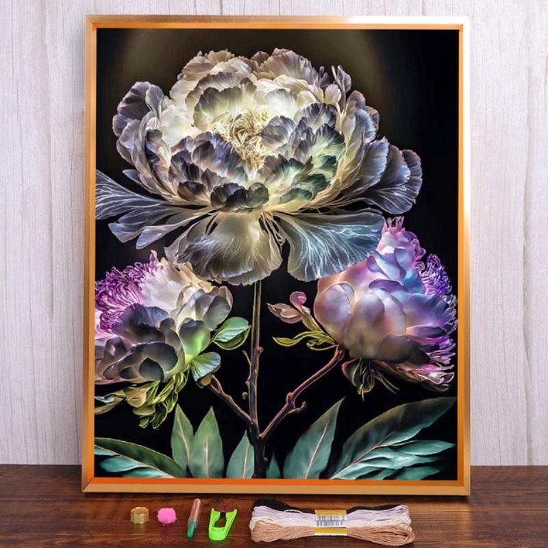 Bộ Dụng Cụ Thêu Tranh Chữ Thập Thủ Công 11CT Hình Hoa Mẫu Đơn