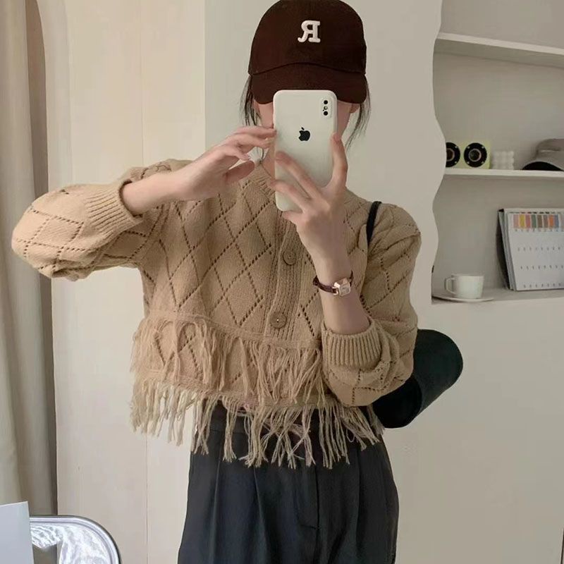 Áo Khoác Cardigan Dệt Kim Mỏng Dáng Ôm Thiết Kế Đục Lỗ Phối Tua Rua Thời Trang Cho Nữ