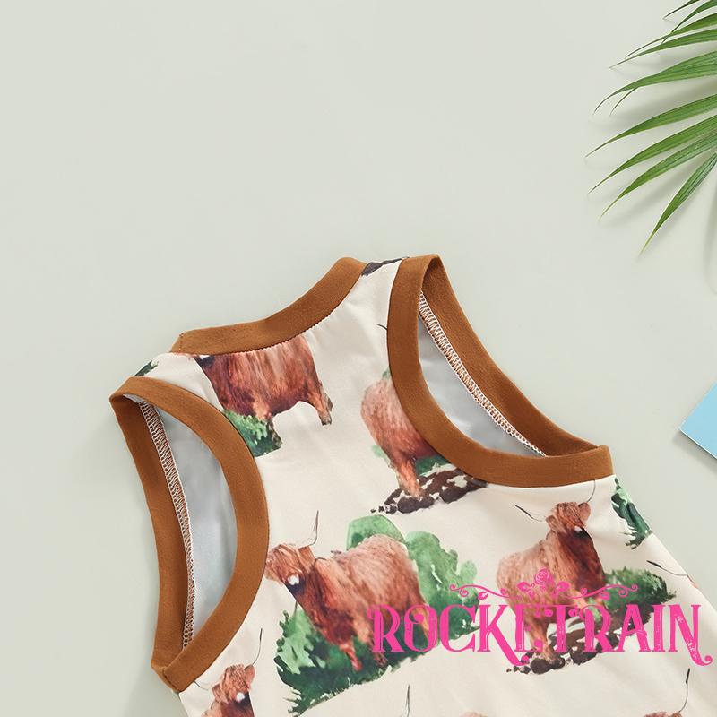 Áo Liền Quần Không Tay In Hình Đầu Bò Đáng Yêu Cho Bé Trai