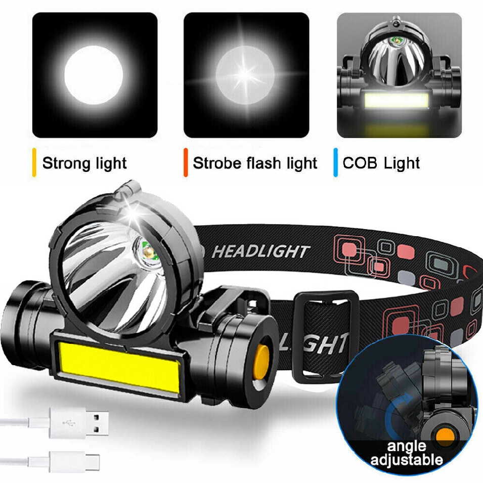 COB LED Headlamp USB Rechargeable Headlight Bar Torch Work Light Head Band Lamp
