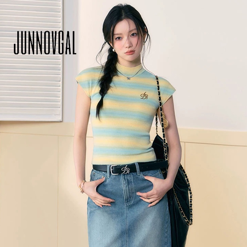 Junnovgal women 2023 thời trang mới thêu vai bán cao cổ mỏng phù hợp len dệt kim sọc trên