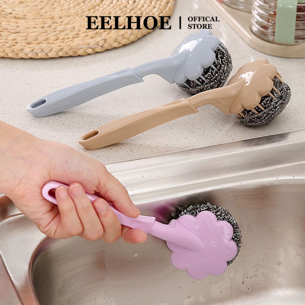 Bàn chải vệ sinh chảo EELHOE dây thép không gỉ nhỏ gọn bền bỉ tay cầm dài linh hoạt cho nhà bếp