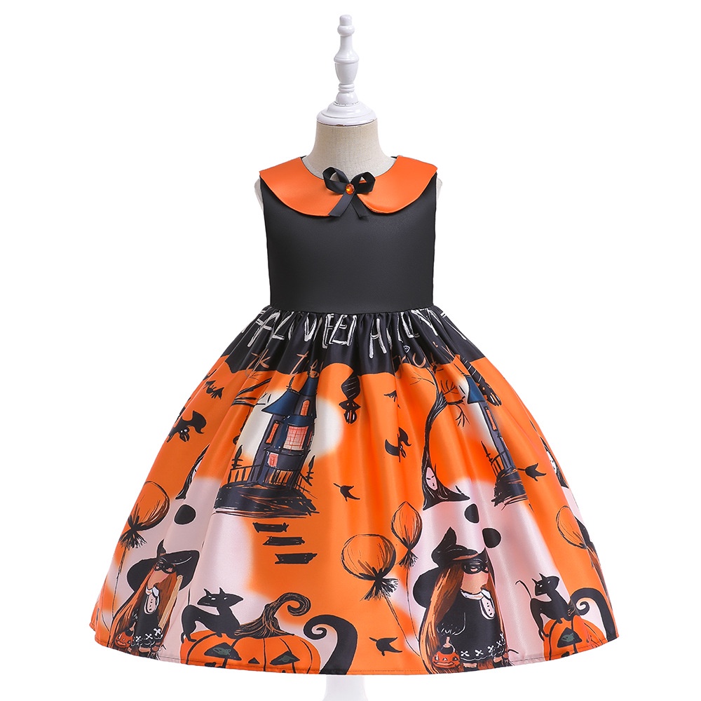 Đầm Hóa Trang Halloween Phối Ren Họa Tiết Bí Ngô Phù Thủy Kèm Túi Đựng Cho Bé Gái