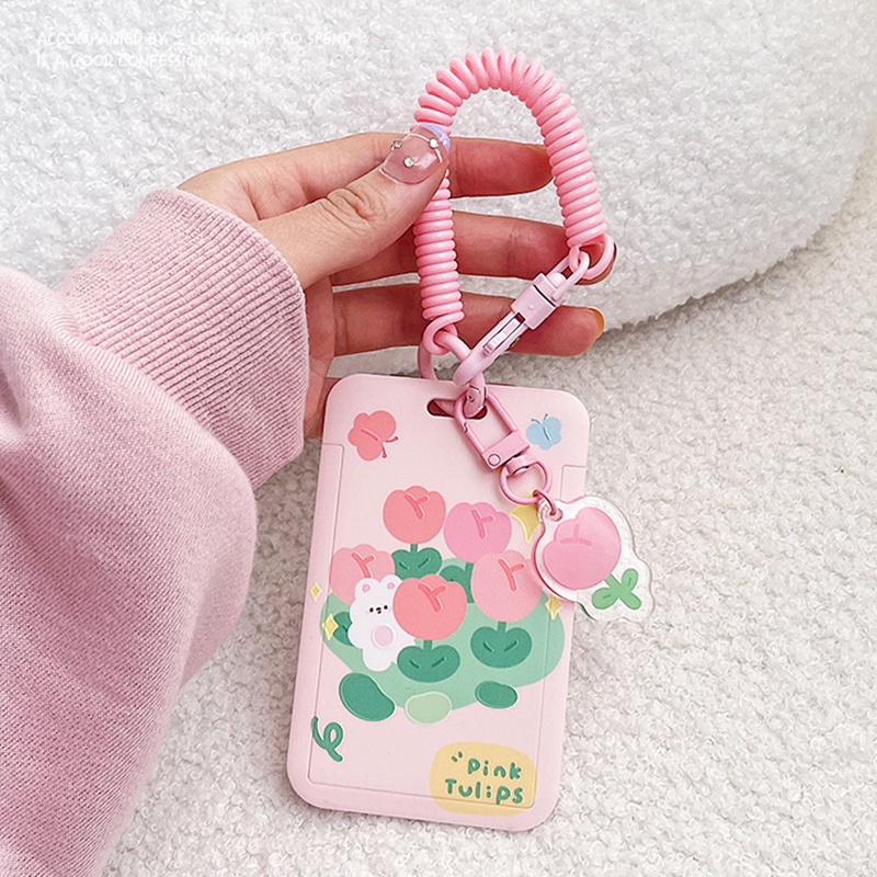 1 Vỏ Đựng Thẻ Hình Hoa Tulip / Gấu May Mắn / Móc Khóa / Thẻ ID Màu Hồng Cho Học Sinh