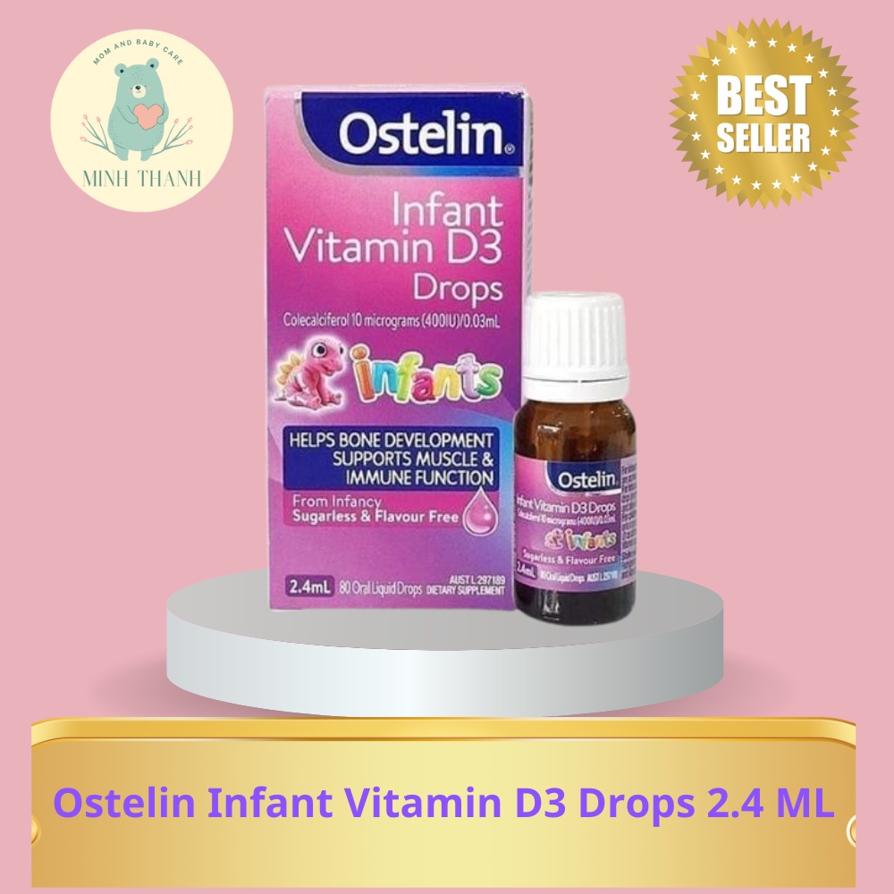 Vitamin D3 400 IU dạng giọt cho trẻ sơ sinh Ostelin Infant Kids Drops 2.4ml phòng ngừa tình trạng còi xương của bé