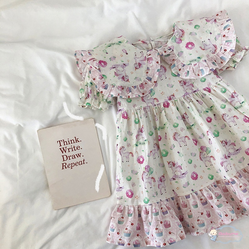 Đầm Công Chúa Tay Ngắn Cổ Búp Bê In Hoa Dễ Thương Thoải Mái Cho Bé Gái