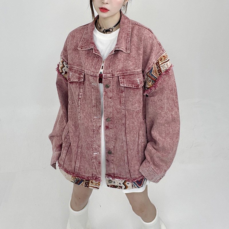 Áo khoác denim YOUTANG khâu họa tiết dáng rộng màu hồng thời trang retro