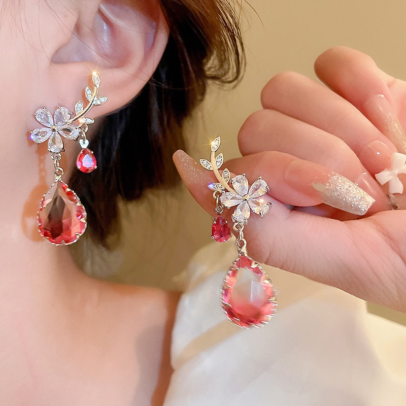 Bông Tai Tua Rua Hình Hoa Lá Đính Đá zircon Màu gradient Thời Trang Cho Nữ