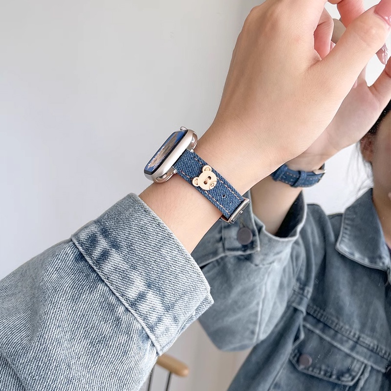 Dây Đeo Đồng Hồ Bằng Denim Họa Tiết Gấu Dễ Thương Cho Apple Watch Series 8 7 6 5 4 3 40mm 41mm 38mm 44mm 45mm 49mm