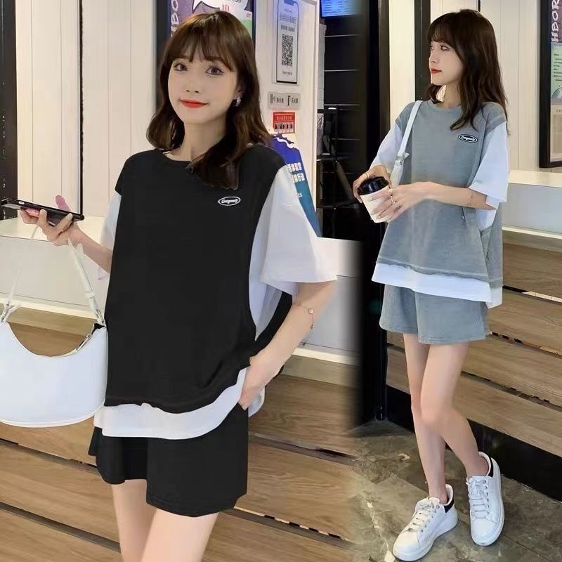 Set Áo Thun Ngắn Tay Cổ Tròn + Quần Short Lưng Thun Giả Hai Lớp Thời Trang Cho Mẹ Bầu