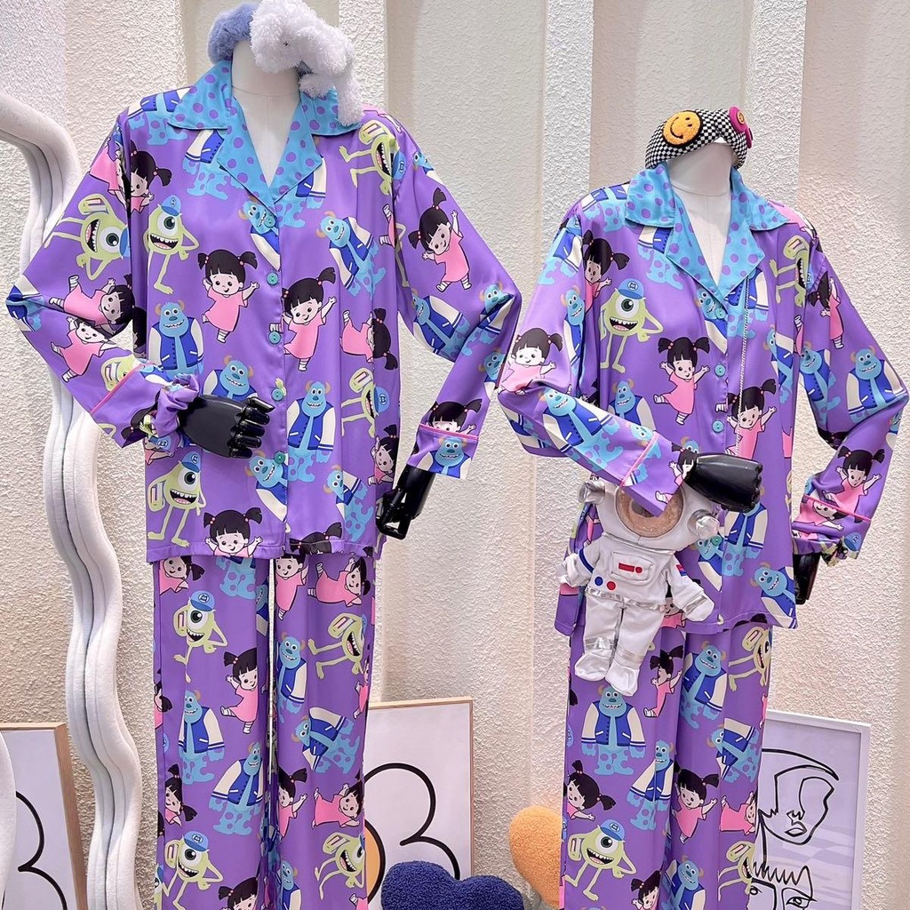 Bộ Pijama quần dài , áo tay dài in hình em bé monster nền tím kèm cột tóc - HN1505 Polka Dot