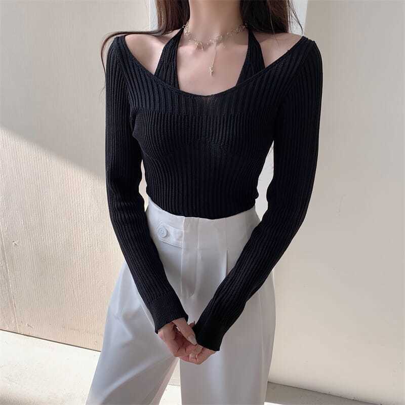 Áo sweater Dệt Kim Hai Dây Dáng Ôm Tay Dài Thời Trang Cho Bạn Gái