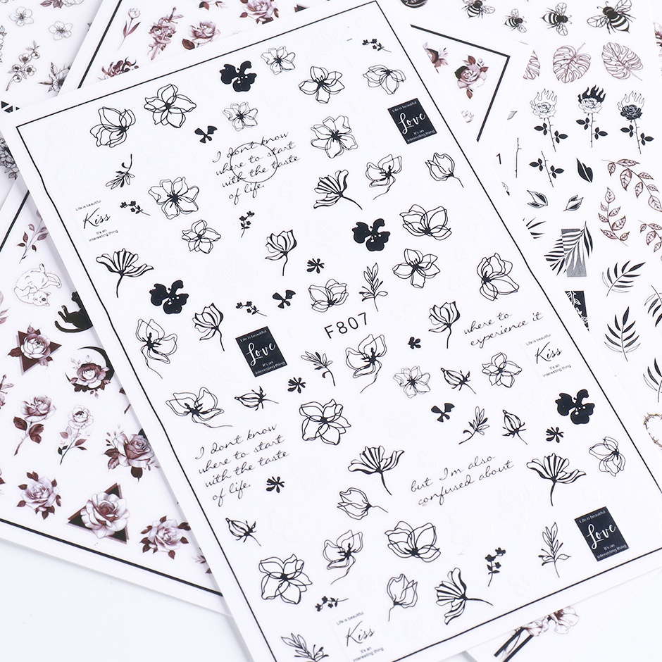 Miếng Dán Trang Trí Móng Tay 3D Màu Trắng Đen Hình Hoa Lá Đẹp Mắt
