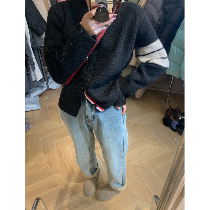 Áo Khoác Cardigan Dệt Kim Dáng Rộng Màu Sắc Retro