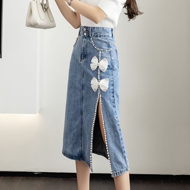 Chân Váy Denim Lưng Cao Đính Hạt Và Nơ Phong Cách Phương Tây Thời Trang Mùa Hè Mới 2023
