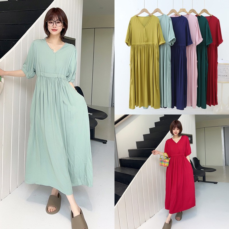 Phụ nữ cotton lụa dài váy lỏng thoải mái thoải mái váy mát mẻ tay áo ngắn cổ v váy 2023 mùa hè mới người phụ nữ giản dị váy maxi