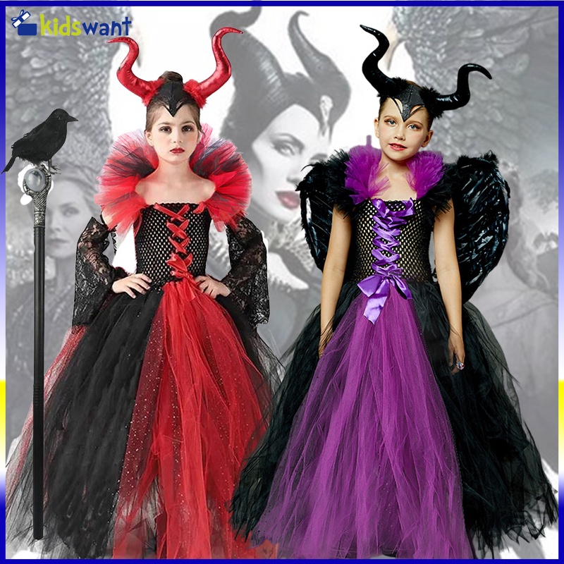 Maleficent trang phục halloween trang phục sang trọng cô gái trang phục rửa tội black glam gownprom trẻ em cosplay demon queen quần áo phù thủy