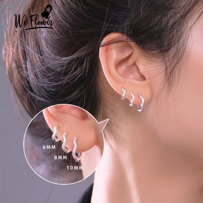 Bông tai WE FLOWER bạc s925 đính zircon sáng bóng dạng xoắn tròn xỏ lỗ cho nữ 6/8/10mm