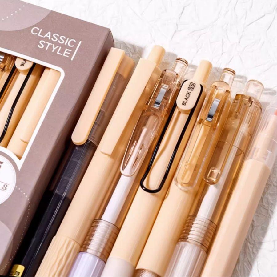 Set 7 bút thiết kế đa dạng, combo Moka B98 full loại ngòi bút gel, highlight đánh dấu