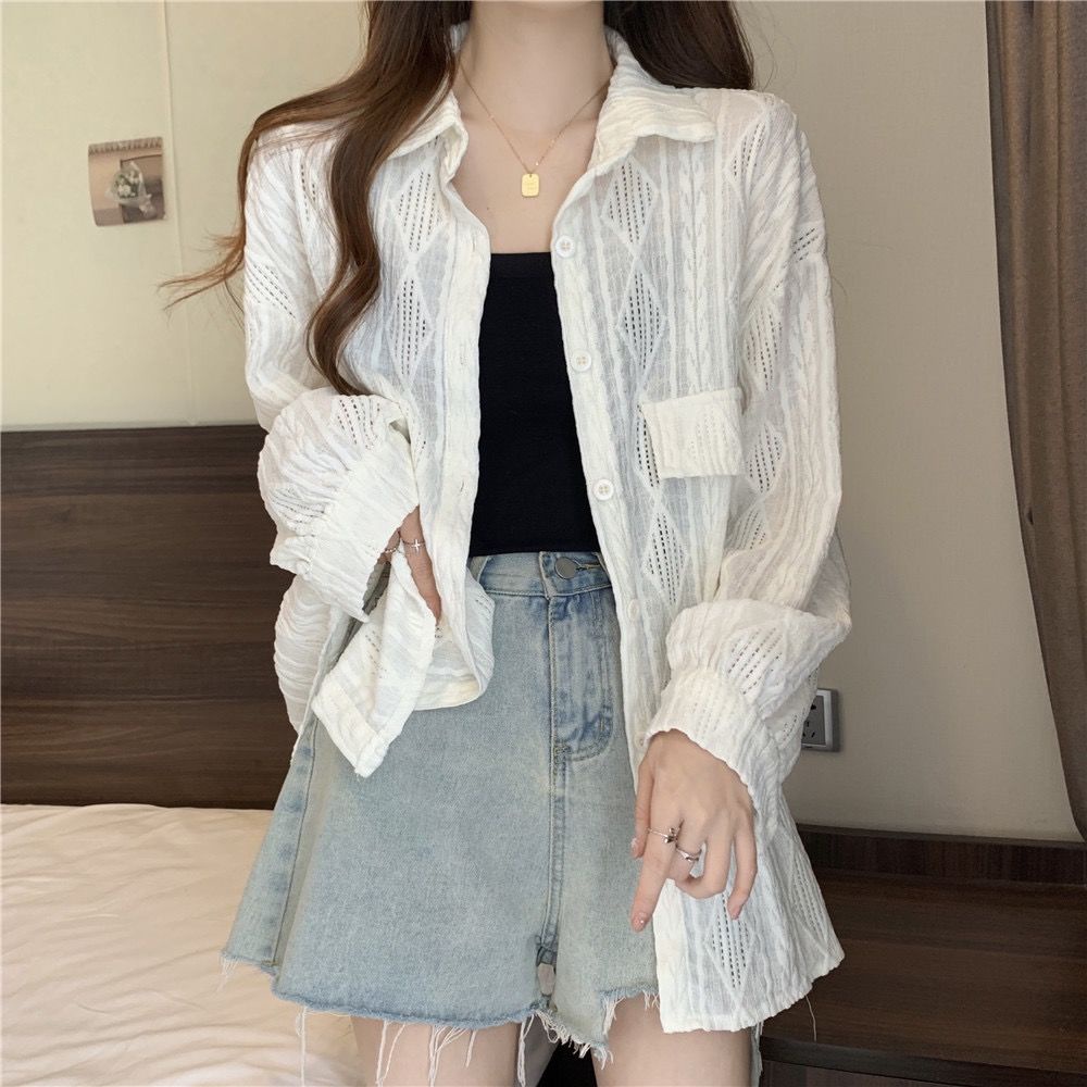 Áo Sơ Mi Dài Tay Chống Nắng Thiết Kế Đục Lỗ Phong Cách Pháp Thời Trang Mùa Hè