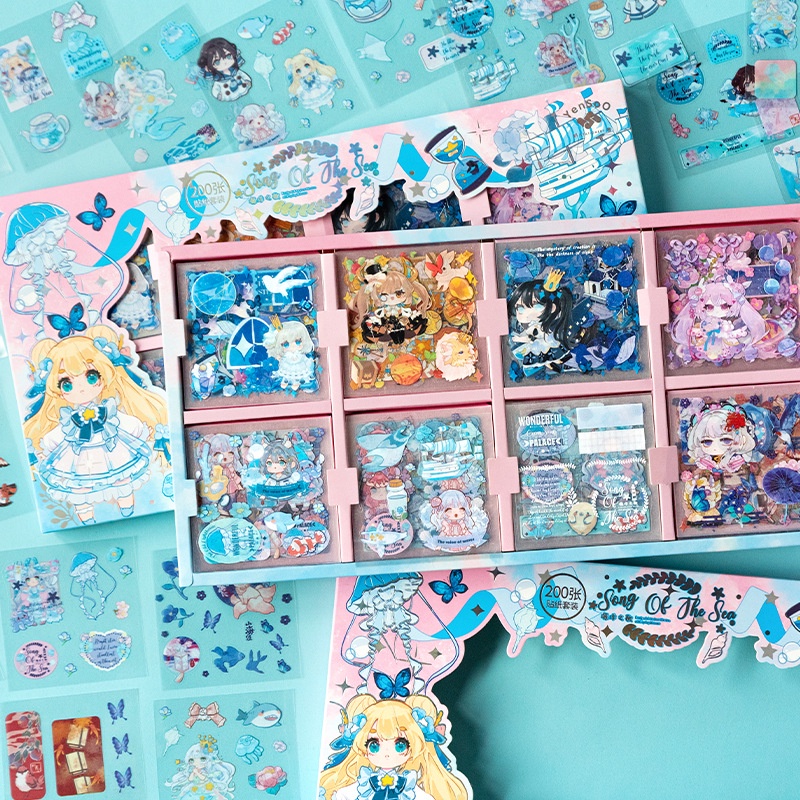 200 cái sáng tạo phim hoạt hình dễ thương nhãn dán pet không thấm nước sổ cái nhãn dán hộp cô gái trái tim nhật ký trang trí gói vật liệu hộp quà