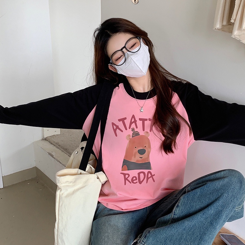 100% cotton 2023 hàn quốc thu đông mới vai in ghép nối dài tay t-shirt nữ hàng đầu