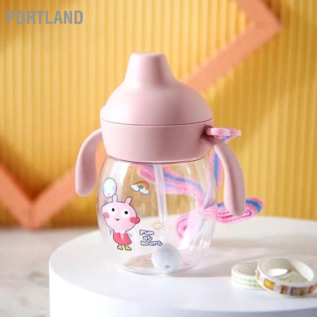 Bình nước Tay cầm đôi Cốc rơm bằng nhựa 340ml có dây đeo cho trẻ em Trẻ sơ sinh