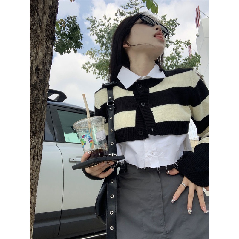 Set Áo Cardigan Dệt Kim Tay Dài Dáng Ngắn + Áo Sơ Mi Trắng Tay Dài Dáng Rộng Kẻ Sọc Thời Trang Mùa Thu Cho Nữ