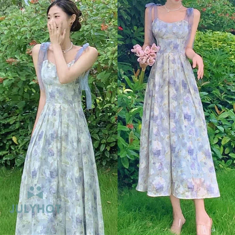 Mát dây thanh lịch Hoa Midi ăn mặc phụ nữ cổ điển ngọt ngào in công chúa Boho ăn mặc sang trọng bên kỳ nghỉ cổ tích ăn mặc mùa hè VN