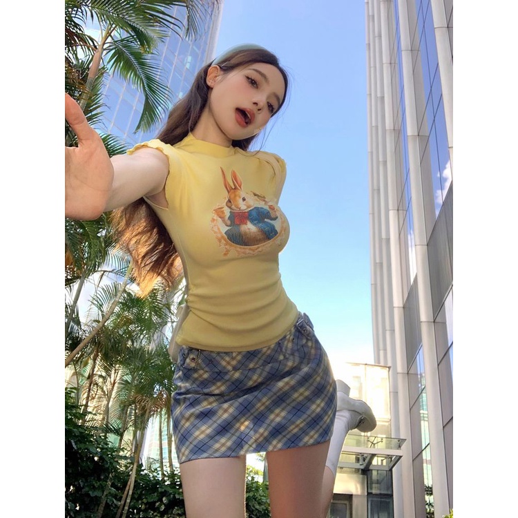 Sweet hot girl rabbit print short-sleeved t-shirt của phụ nữ mùa hè phong cách mới mùa thiết kế màu vàng niche hẹp-waisted short top