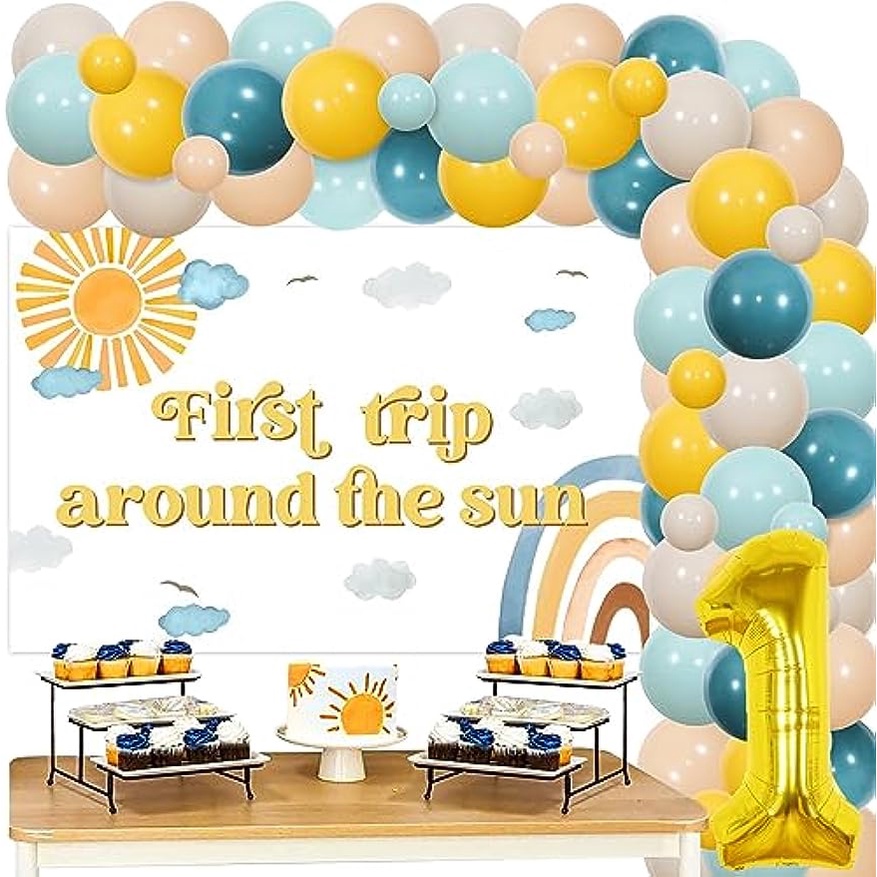 Chuyến đi đầu tiên vòng quanh mặt trời trang trí sinh nhật, boho sun 1st birthday balloon garland kit với sun backdrop number 1 foil balloon cho đồ dùng sinh nhật đầu tiên theo chủ đề mặt trời