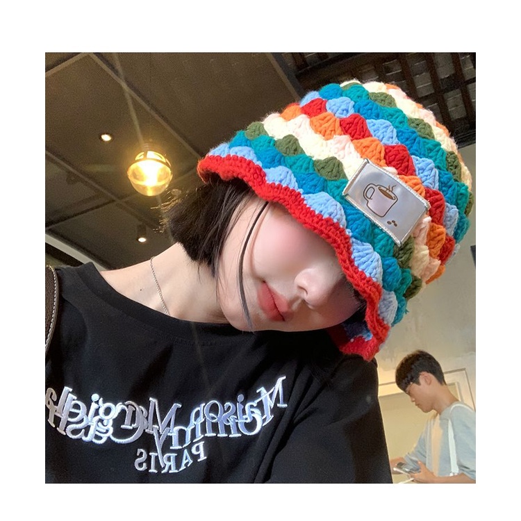Mũ xô cầu vồng dệt kim hình thoi nữ phiên bản hàn quốc all-match face mũ len nhỏ mũ xô