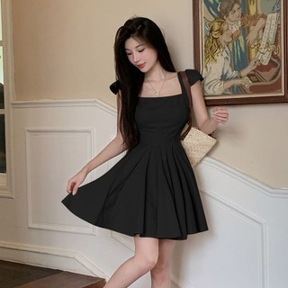 Insgoth phong cách pháp cổ vuông tay áo bay nhỏ a-line hẹp-waisted dress mối tình đầu thiết kế sang trọng sense slim-fit