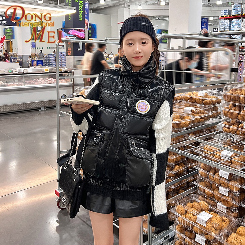 2023 áo vest cotton sáng bóng phụ nữ mùa thu đông phong cách mới phiên bản hàn quốc lỏng lẻo đứng-up cổ áo cotton ghi lê áo khoác ấm nữ sinh