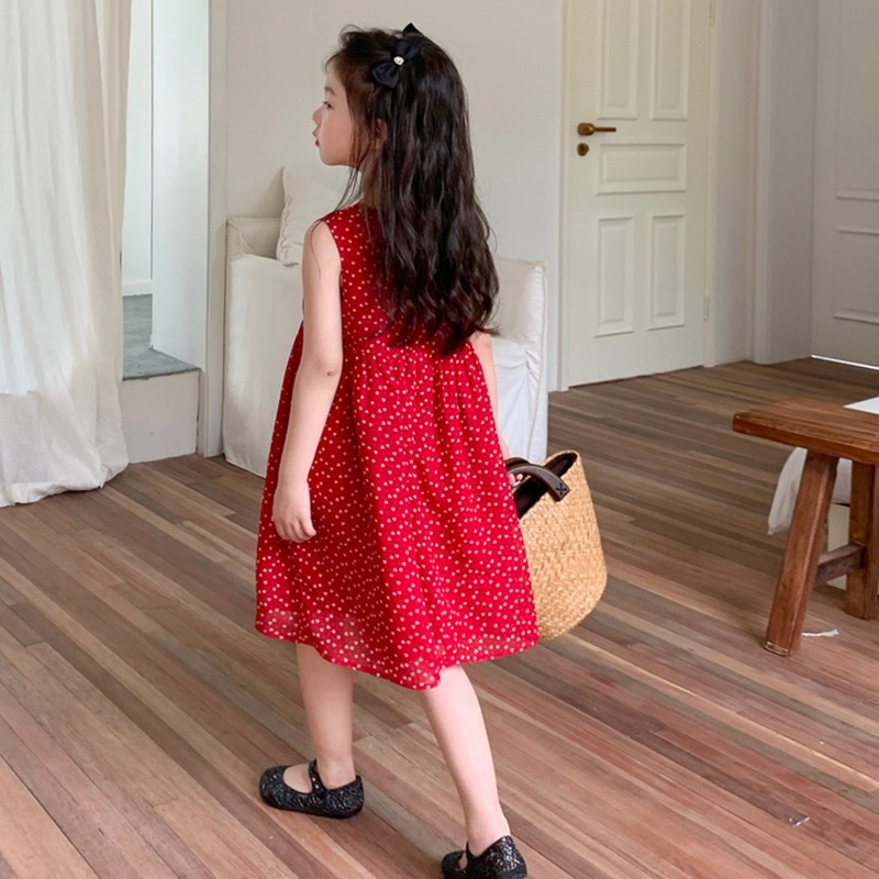 Váy bé gái phiên bản hàn quốc mùa hè v-cổ không tay váy vest chấm bi