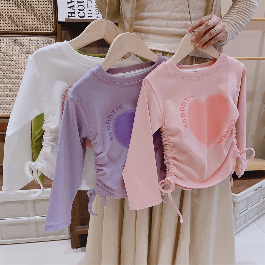 Áo Thun Tay Dài Mùa Thu 2023 Có Dây Rút In Họa Tiết Trái Tim Phong Cách Công Chúa Mới Cho Bé Gái