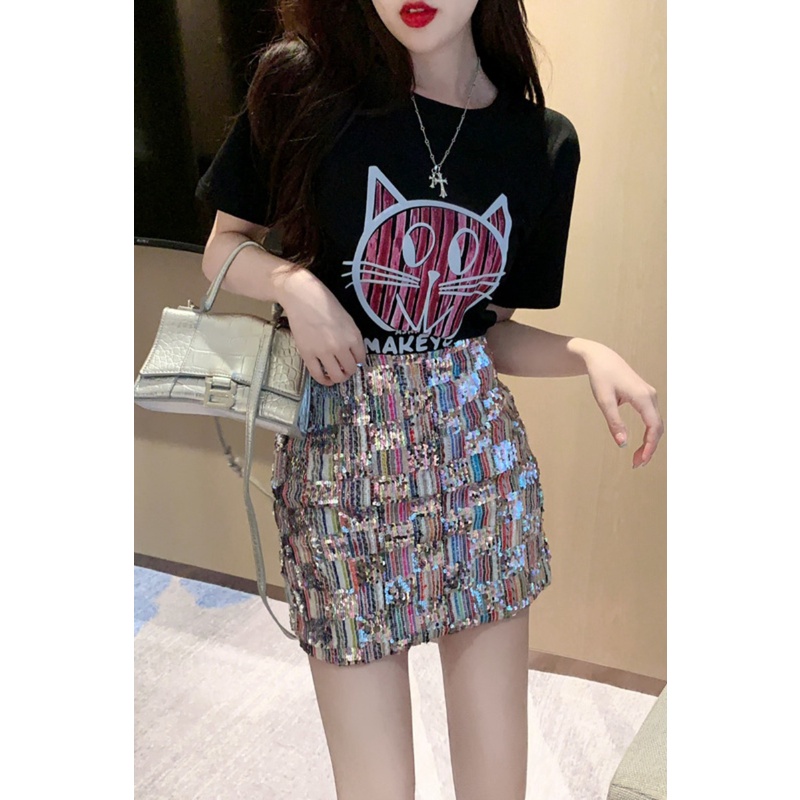 Set Áo Thun Ngắn Tay In Họa Tiết + Chân Váy Lưng Cao Ô Vuông Nhiều Màu Săc Thời Trang Dành Cho Nữ