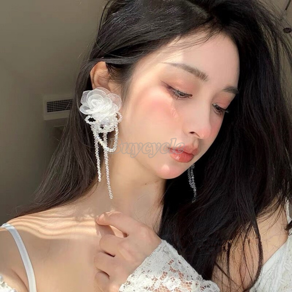 Bông Tai Dáng Dài Hình Hoa Phối Tua Rua Đính Hạt Pha Lê Thời Trang Sang Trọng