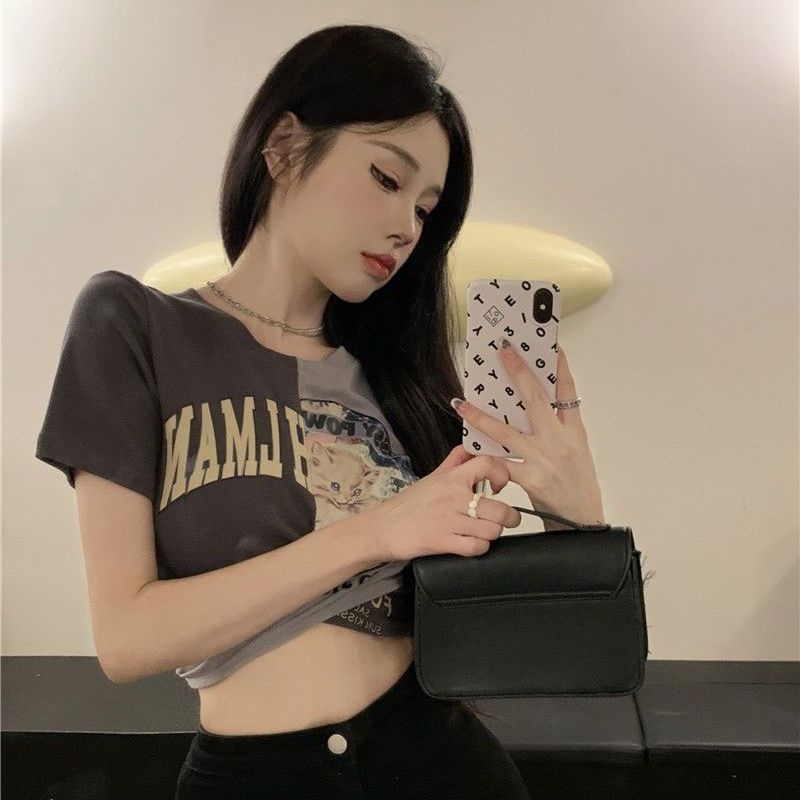 Jiashucheng Áo Thun Ngắn Tay Ôm Dáng Cột Dây Màu Sắc Tương Phản In Họa Tiết Niche Cho Nữ