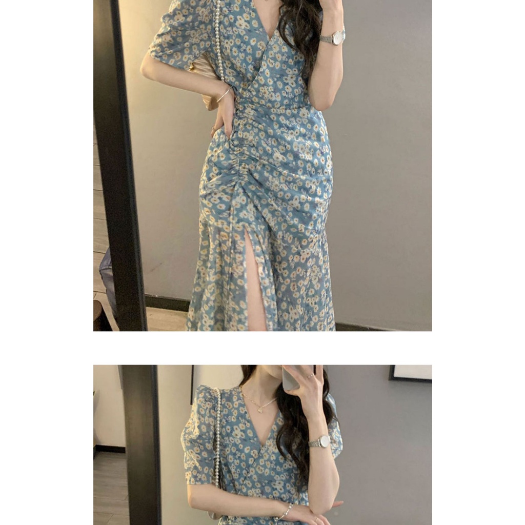 Đầm Dài Xẻ Tà Họa Tiết Hoa Phong Cách Pháp Cổ Điển Thời Trang Mùa Hè Cho Nữ